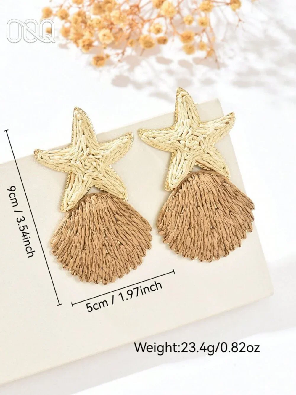 Brown Boho Women's Handmade Woven Raffia Grass Starfish Shell Earrings